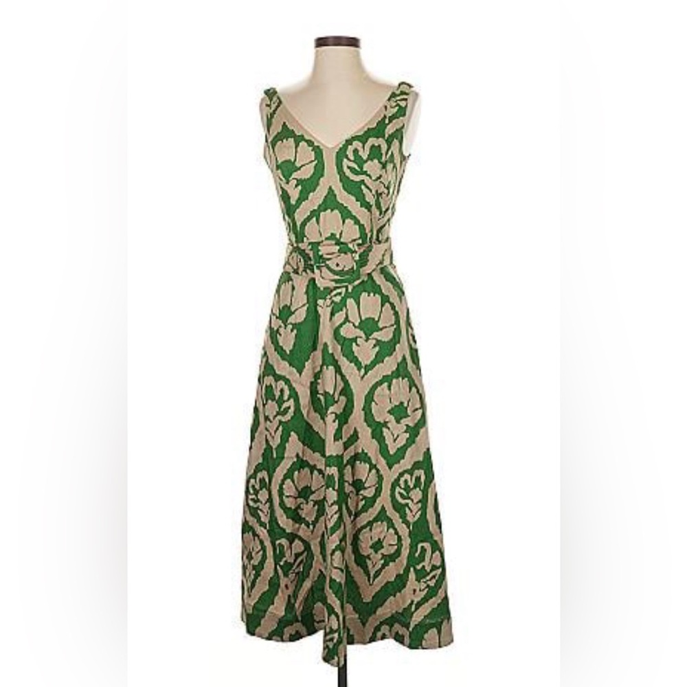 Linen Blend WHBM Green and Cream Dress - Picture 2 of 6